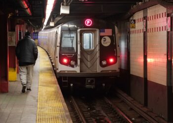 A general view of an F subway train the Herald Square subway station in New York, NY on May 8, 2020.
