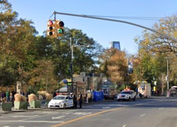 NYPD officers at a crime scene in the Financial District neighborhood of Manhattan