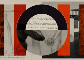 A photo illustration with a black and white photograph of the exterior of a prison in the background with red rectangles overlaying it. In the middle is a semi-circle with the typewritten text from several phrases, including “tortured for 18 hours with an..” and “I began to feel a sharp pain on the left side of my chest.” Below the text is a photo of an officer's hands on the wrist of a man in handcuffs.