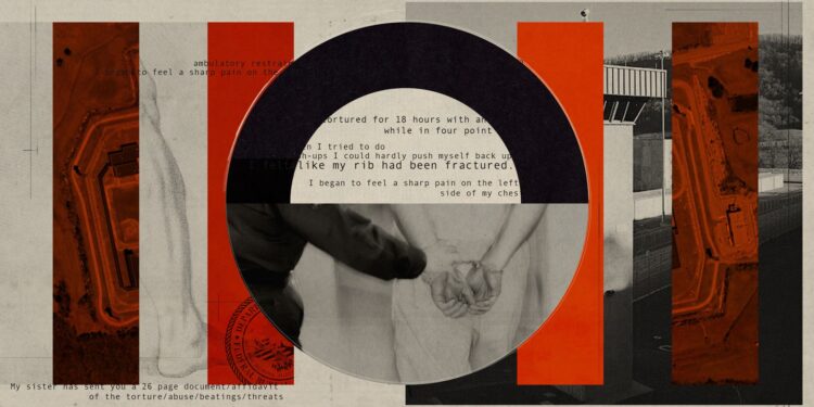 A photo illustration with a black and white photograph of the exterior of a prison in the background with red rectangles overlaying it. In the middle is a semi-circle with the typewritten text from several phrases, including “tortured for 18 hours with an..” and “I began to feel a sharp pain on the left side of my chest.” Below the text is a photo of an officer's hands on the wrist of a man in handcuffs.