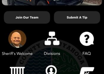 A screenshot of The Sheriff App shows “Cuyahoga County Sheriff’s Department: Sheriff Harold Pretel” at the top. Below are icons labeled: “Sheriff’s Welcome,” “Divisions,” “FAQ,” “Inmates/Jail Information,” “Sex Offenders,” “Concealed Carry Info,” “Crime Stoppers” and “Sheriff News.”