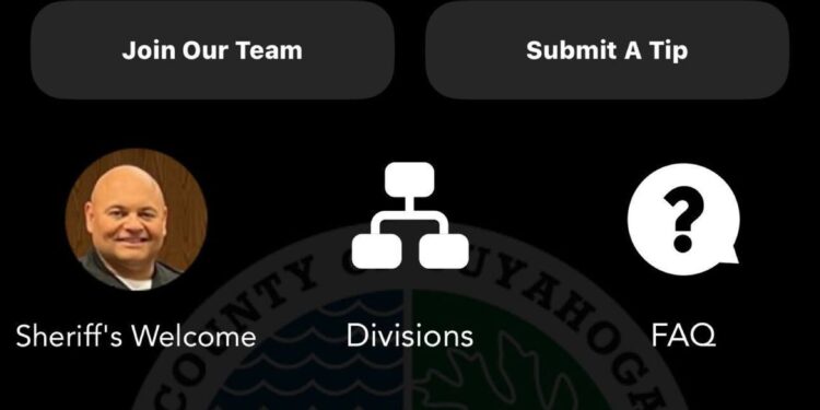 A screenshot of The Sheriff App shows “Cuyahoga County Sheriff’s Department: Sheriff Harold Pretel” at the top. Below are icons labeled: “Sheriff’s Welcome,” “Divisions,” “FAQ,” “Inmates/Jail Information,” “Sex Offenders,” “Concealed Carry Info,” “Crime Stoppers” and “Sheriff News.”