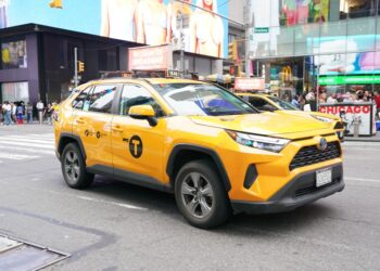A general view of yellow taxis or yellow cabs as seen in the Times Square section of New York, NY on June 13, 2025.