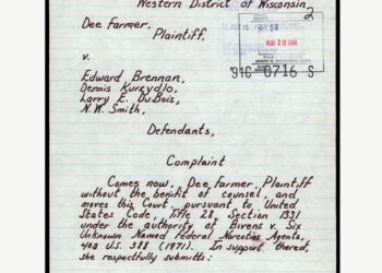 A scanned document from a complaint by Dee Farmer in 1991.