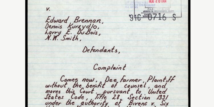 A scanned document from a complaint by Dee Farmer in 1991.