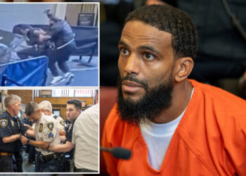 Knife-wielding maniac accused of stabbing officers in courthouse tantrum pleads not guilty as crew of cops stares