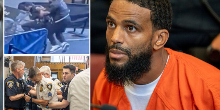 Knife-wielding maniac accused of stabbing officers in courthouse tantrum pleads not guilty as crew of cops stares