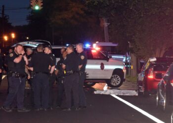 Police officers at the scene of a fatal accident.