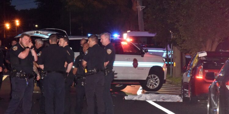 Police officers at the scene of a fatal accident.