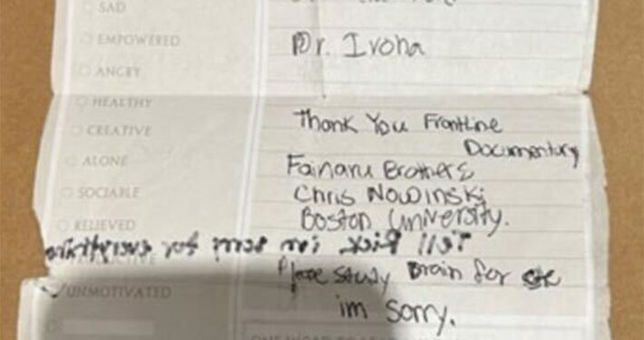 Notes found on Shane Tamura's body, listing names, documentary, and a message.