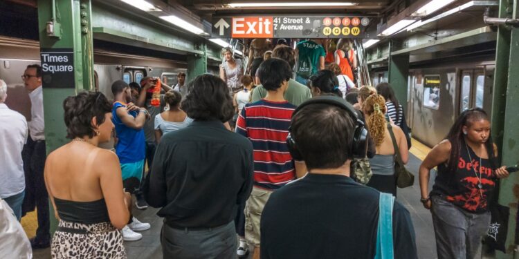 Crowded 42nd Street-Times Square IRT station in the New York subway on Wednesday, June 25, 2025.