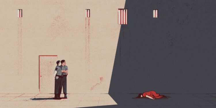 An illustration depicts two correctional officers dressed in gray shirts and black pants standing in front of a beige wall with barred windows high above them. At a distance in shadows lies the body of an incarcerated person wearing an orange prison jumpsuit crumpled on the floor.