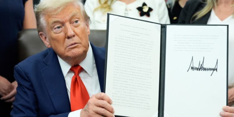 President Trump holding a signed proclamation.