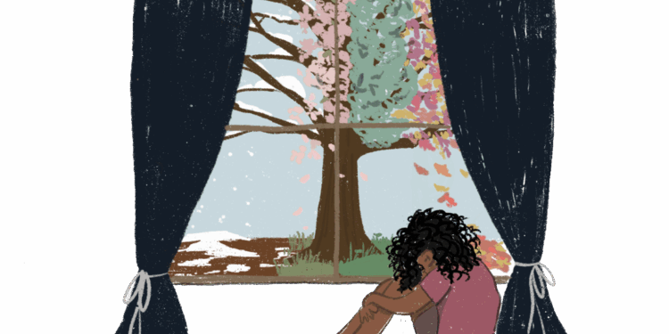 An illustration shows a brown person sitting on the floor with their head on their knees. They sit by a window with curtains. A tree shows a change of seasons, from winter to spring, outside the window.