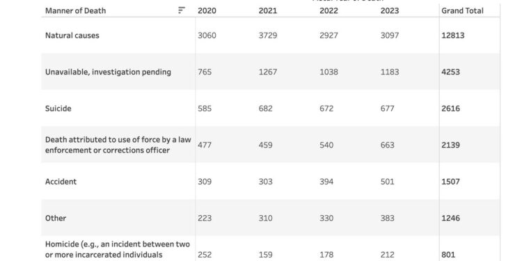 Screenshot of a table on the BJA's website showing data collected under the Death in Custody Reporting Act.