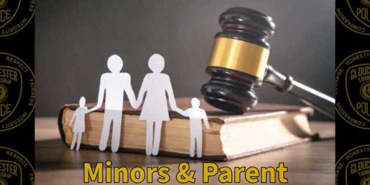 Illustration of a gavel on a book with paper cutouts of a family, text reading "Township of Gloucester Minors & Parent Responsibility Ordinance".