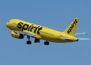 A Spirit Airlines plane taking off.