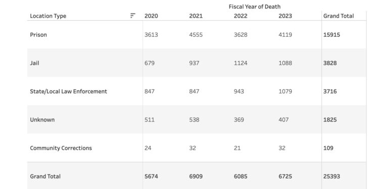 Screenshot of a table on the BJA's website showing data collected under the Death in Custody Reporting Act.