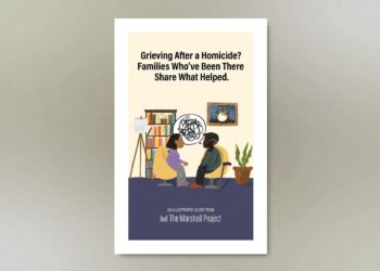 An illustration shows a tan-skinned person, wearing a purple sweater and gray pants, talking to a Black person across from them who is wearing glasses, a green sweater and black pants. A speech bubble with a scribble inside points from the Black person. In the background, there is a lamp, a bookshelf, a hanging frame and a plant. A title is placed on top of the illustration that reads, "Grieving after a homicide? Families who've been there share what helped."