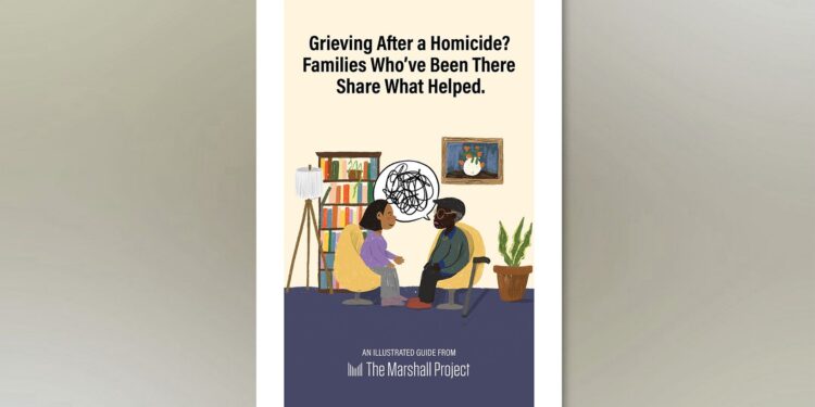 An illustration shows a tan-skinned person, wearing a purple sweater and gray pants, talking to a Black person across from them who is wearing glasses, a green sweater and black pants. A speech bubble with a scribble inside points from the Black person. In the background, there is a lamp, a bookshelf, a hanging frame and a plant. A title is placed on top of the illustration that reads, "Grieving after a homicide? Families who've been there share what helped."