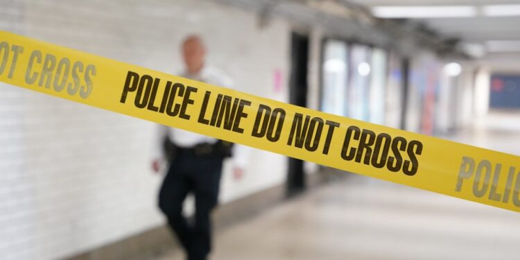 Police tape at a crime scene in Penn Station.