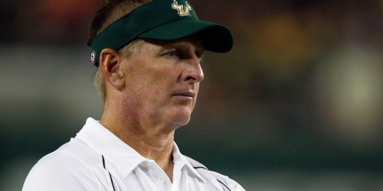 South Florida head coach Jim Leavitt watches his team play Charleston Southern during a NCAA college football game in Tampa, Fla., Sept. 19, 2009.