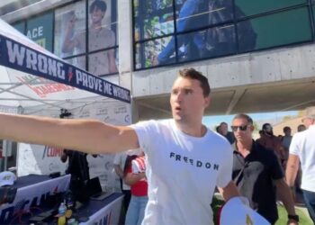 Charlie Kirk speaking at Utah Valley University.