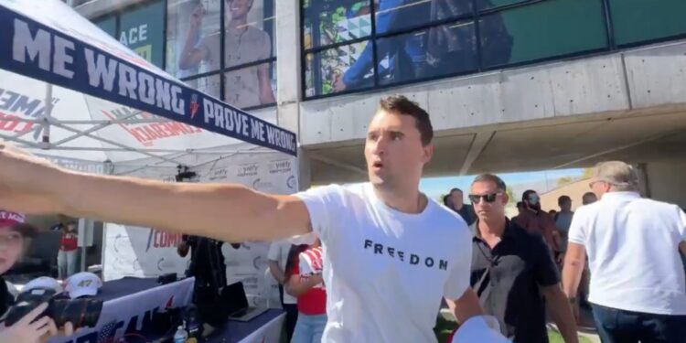 Charlie Kirk speaking at Utah Valley University.