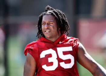 Linebacker Ethan Pritchard #35 of the Florida State Seminoles during the first day of Fall Football Practice at the Albert J. Dunlap Athletic Training Facility on the campus of Florida State University on July, 2025 in Tallahassee, Florida. Pritchard is in critical but stable condition in the intensive care unit at a local hospital after suffering a gunshot wound in the head over the weekend while visiting family in Havana, Florida.