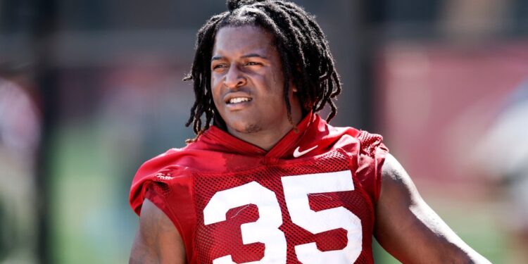 Linebacker Ethan Pritchard #35 of the Florida State Seminoles during the first day of Fall Football Practice at the Albert J. Dunlap Athletic Training Facility on the campus of Florida State University on July, 2025 in Tallahassee, Florida. Pritchard is in critical but stable condition in the intensive care unit at a local hospital after suffering a gunshot wound in the head over the weekend while visiting family in Havana, Florida.
