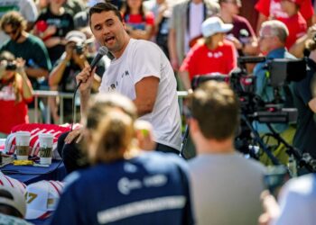 Charlie Kirk speaking at a Utah Valley University event.