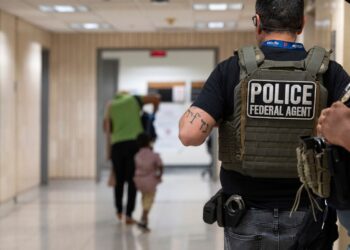 A photo shows the back of a light-skinned officer wearing glasses, a black T-shirt, gray jeans and a vest with the words "police federal agent." One police officer stands next to them. A person and a child walk down a hallway standing in the background.
