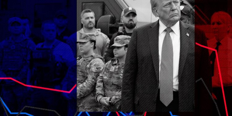 A photo illustration shows a black-and-white, red- and blue-tinted photo of President Donald Trump, a White man in his late 70s with light hair. Trump, wearing a suit and tie, looks to the side while standing in front of federal agents and police officers in uniform.  Red, blue and gray data lines run across the illustration.