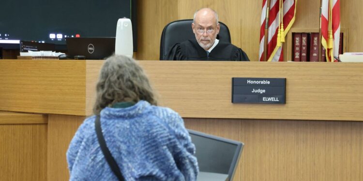 A balding White man wearing a black judge’s robe sits at the bench, while a person with gray hair and a blue jacket with their back to the camera makes their case to the judge.