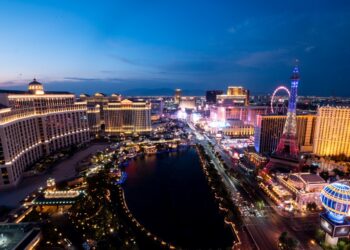 The Las Vegas Strip lights up at sunset.
