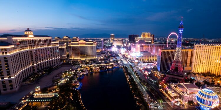 The Las Vegas Strip lights up at sunset.