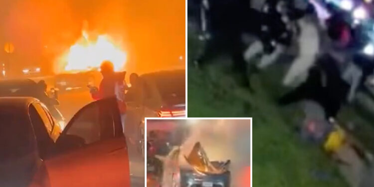 NYC mob pummels couple during violent car meet-up: video