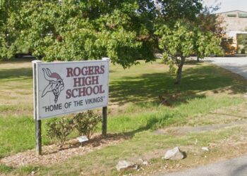 Sign for Rogers High School, "Home of the Vikings."