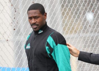 Former NFL star wide receiver Antonio Brown walks after being released from the Turner Guilford Knight Correctional Center, Nov. 13, 2025, in Miami.